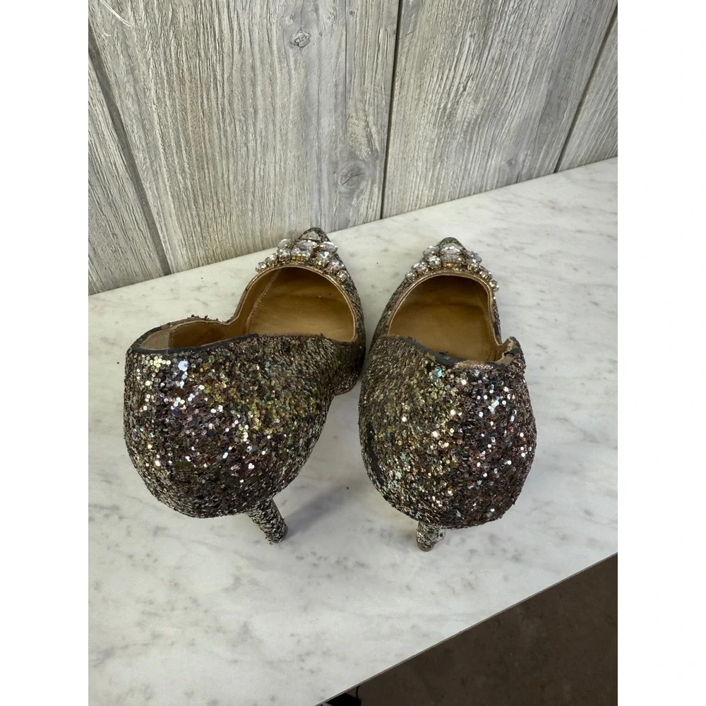 Belle Badgley Mischka Womens Gold Glitter Crystal Embellished Pumps Heels 8.5
